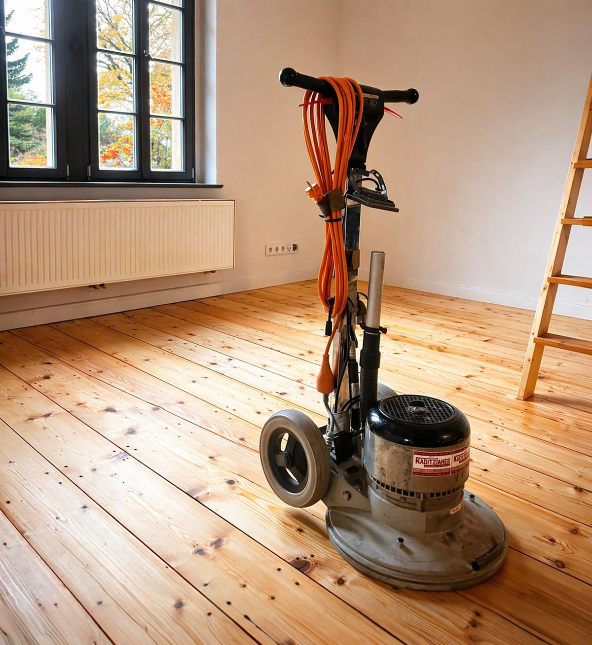 Bodenpoliermaschine mit orangefarbenem Kabel auf einem frisch geschliffenen Holzboden